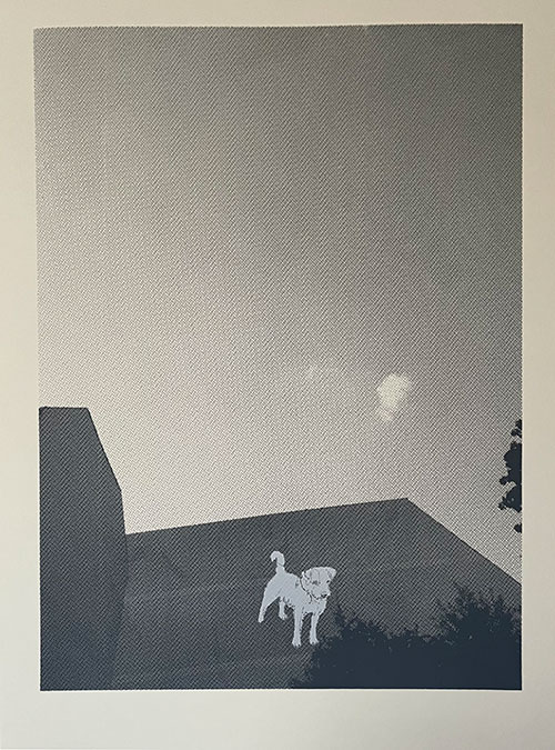 Häuserwände mit Wolke und Hund, Siebdruck 50x70cm 2022